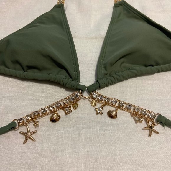 Shein Rhinestone Chain Linked Tie Side Bikini Swimsuit in Army Green (2 pc set) - Picture 7 of 12